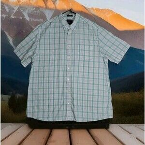 Saddlebred Big Tall Shirt Men 2X Button White Green Plaid Short Sleeve Fresh